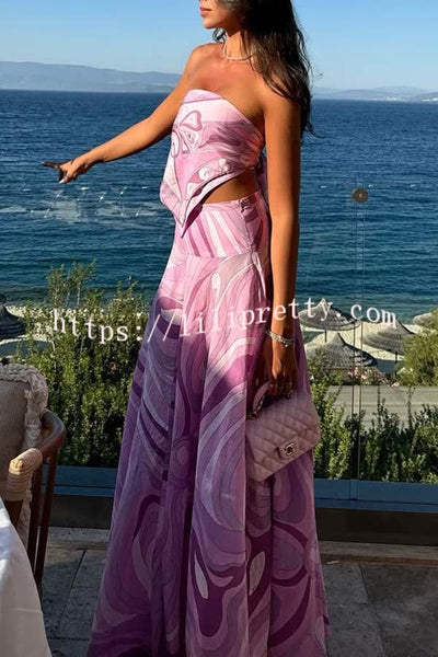 Nessie Satin Unique Print Scarf Tube Top and High Rise A-line Maxi Skirt Set