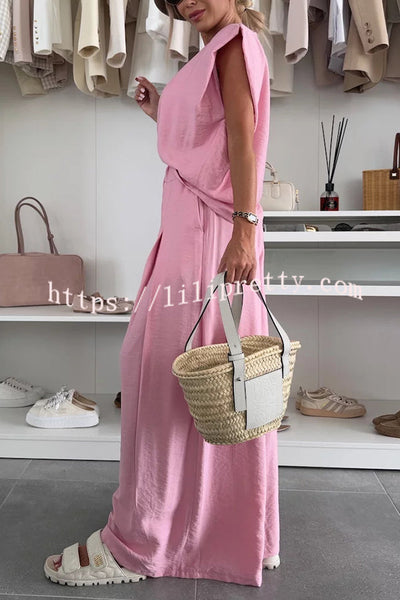 Santie Round Neck Cape Sleeve Loose Top and Elastic Waist Pocket Wide Leg Pants Set