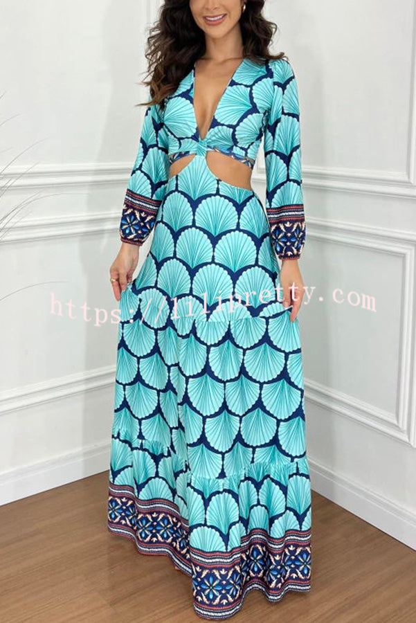 Alisa Unique Print Cutout Elastic Waist Tie-up Long Sleeve Maxi Dress