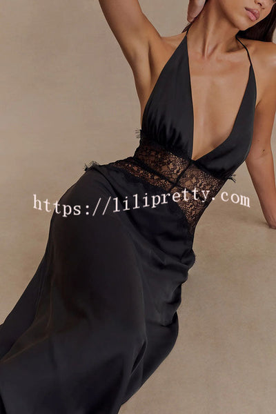 Romantic Sexy Satin Lace Waist Halter Maxi Dress