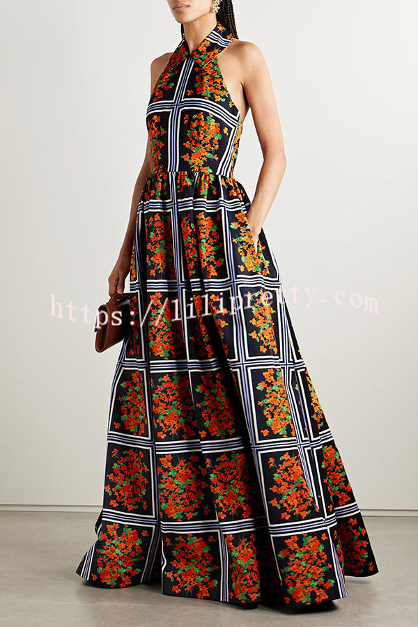 Floral Print Sexy Halter Neck Backless Elegant Maxi Dress