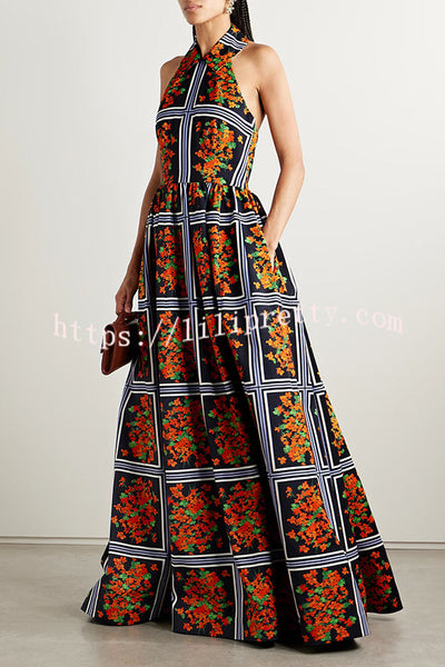 Floral Print Sexy Halter Neck Backless Elegant Maxi Dress