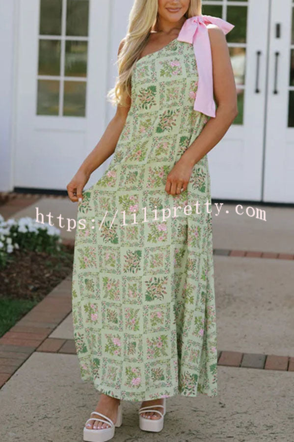 Garden Atmosphere Floral Print One Shoulder Pink Bow Loose Maxi Dress