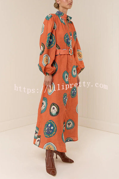 Linen Blend Unique Print Belted Single-breasted Casual Maxi Dress