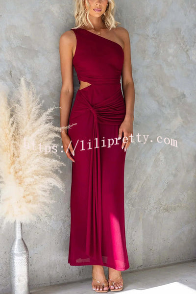 Solid Color Elegant Mesh One Shoulder Sexy Waist Hollow Out Maxi Dress