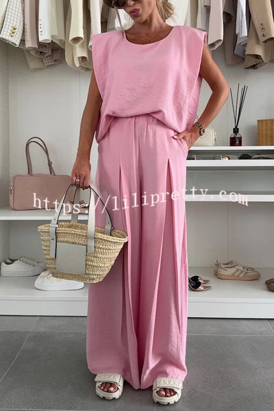 Santie Round Neck Cape Sleeve Loose Top and Elastic Waist Pocket Wide Leg Pants Set
