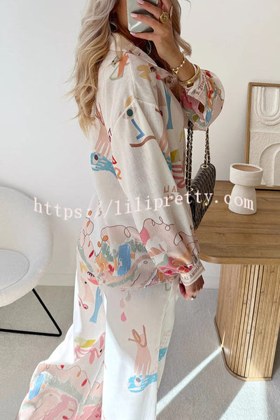 Holiday Style Unique Print Long Sleeve Lapel Loose Shirt and Elastic Waist Casual Pocket Pants Set