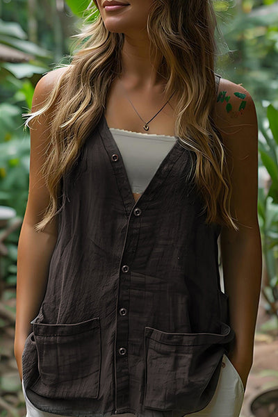 Linen Blend Loose V-neck Sleeveless Pocket Casual Vest