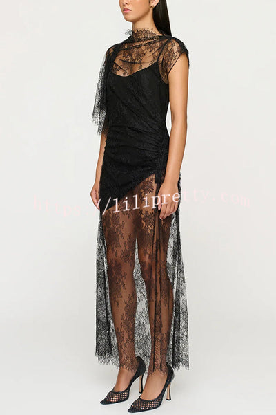 Romantic Statement Lace One Shoulder Bell Sleeve Asymmetrical Maxi Dress