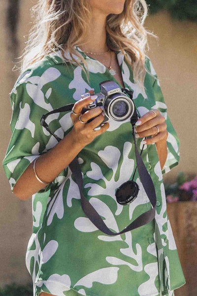 Green Printed Short Sleeve Button Shorts Set