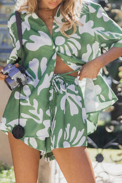 Green Printed Short Sleeve Button Shorts Set