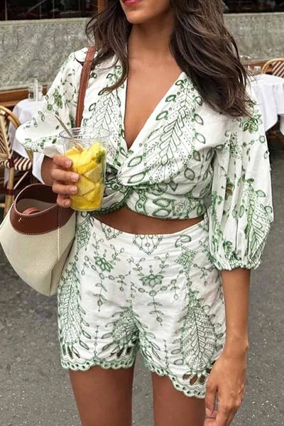 Hollow Embroidery V Neck Twisted Shorts Set