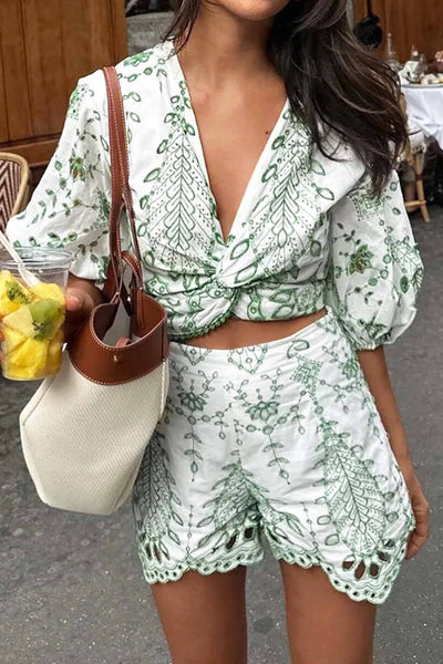 Hollow Embroidery V Neck Twisted Shorts Set