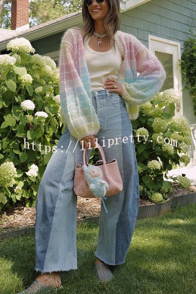Palette Day Knit Color Blocks Open Front Balloon Sleeve Loose Cardigan