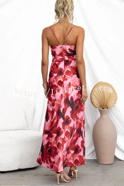 Kasian Satin Floral Print Ruched Bust Slip Maxi Dress