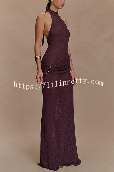 Quiet Confidence Knit Ruched Hip Halter Backless Stretch Maxi Dress