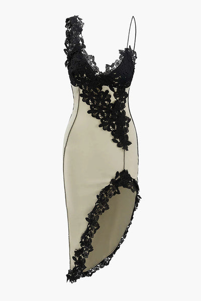 Sexy Lace Paneled Deep V Suspender Slim Midi Dress