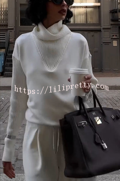 Morning Coffee Walks Ribbed Turtleneck Long Sleeve Sweatshirt and Elastic Waist Pocketed Loose Pants Set