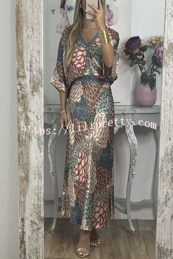 Palm Beach Satin Printed Button Wide Sleeve Shirt and Elastic Waist Maxi Skirt Set