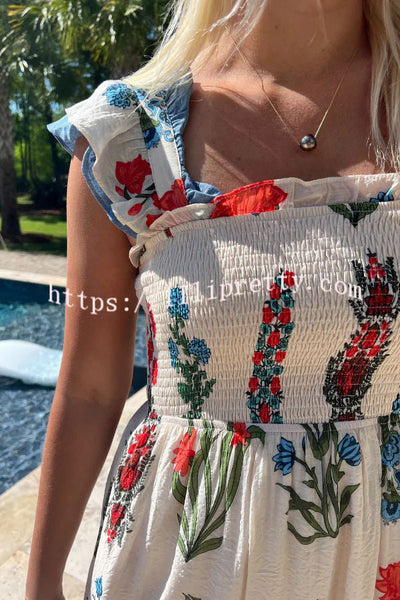 Glandon Linen Blend Flower Print Smocked Ruffle Strap Midi Dress