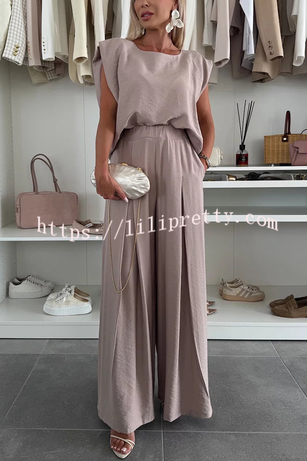 Santie Round Neck Cape Sleeve Loose Top and Elastic Waist Pocket Wide Leg Pants Set