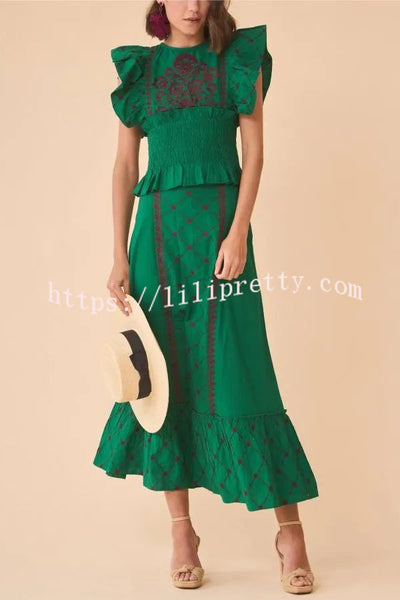 Kyoho Ethnic Unique Print Smocked Top and High Waist Midi Skirt Set