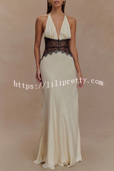 Romantic Sexy Satin Lace Waist Halter Maxi Dress