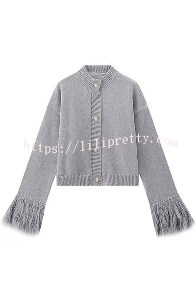 Solid Color Elegant Feather Long Sleeve Casual Knitted Cardigan