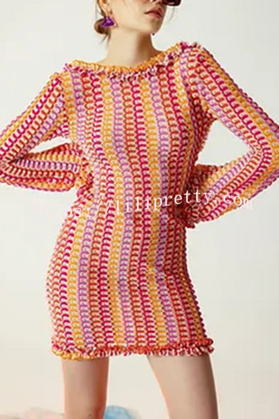 Ruffled Backless Long-sleeved Wavy Striped Beach Resort Mini Dress