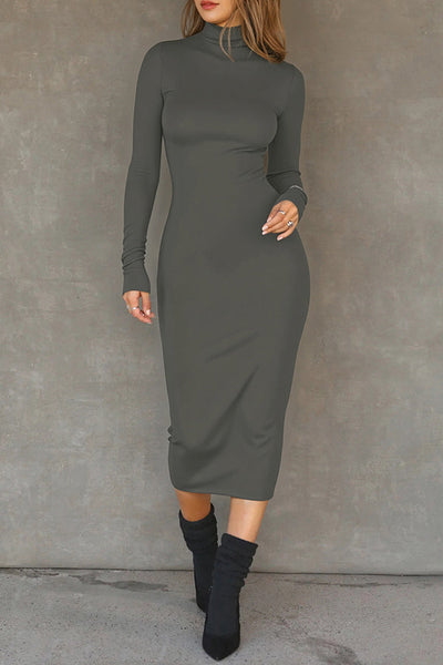 Solid Color Casual Long Sleeve High Neck Slim Midi Dress