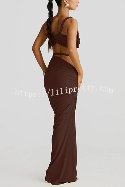Sexy Halter Back Braided Suspender Top and Beach Holiday Style Hip-wrapped Maxi Skirt Set