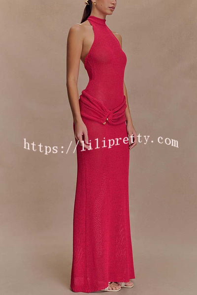 Quiet Confidence Knit Ruched Hip Halter Backless Stretch Maxi Dress