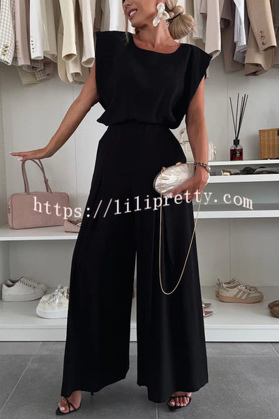 Santie Round Neck Cape Sleeve Loose Top and Elastic Waist Pocket Wide Leg Pants Set