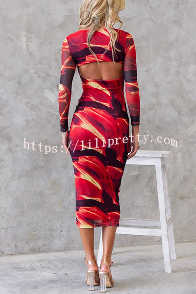 Saksi Mesh Square Neck Cut-out Back Long Sleeve Stretch Midi Dress