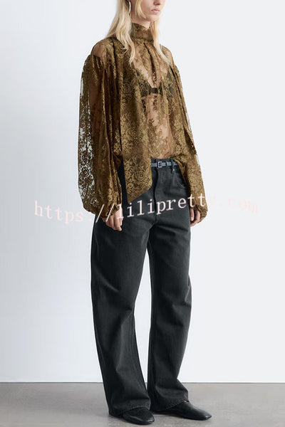 Reigna Semi-sheer Floral Lace Bow Neck Balloon Sleeve Loose Blouse