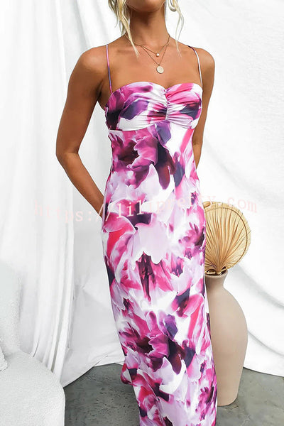 Kasian Satin Floral Print Ruched Bust Slip Maxi Dress