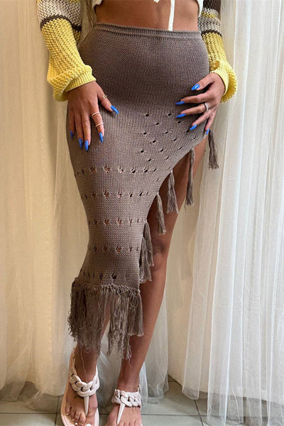 Solid Color Elastic Waist Hollow Tassel Beach Knitted Midi Skirt