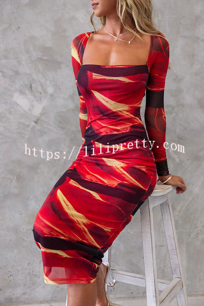 Saksi Mesh Square Neck Cut-out Back Long Sleeve Stretch Midi Dress