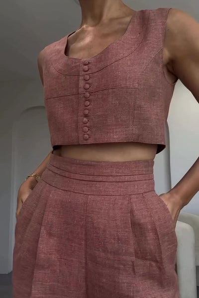 Maylin Solid Color Sleeveless Button-Down Top and Relaxed Pocket Straight Pants Set
