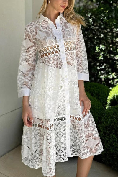 Solid Color Hollow Lace Lapel Button Long Shirt