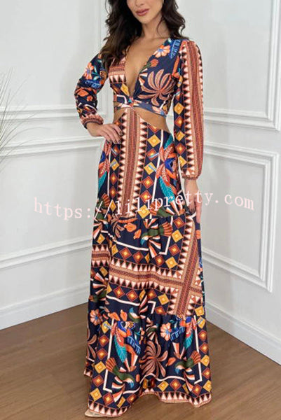 Alisa Unique Print Cutout Elastic Waist Tie-up Long Sleeve Maxi Dress