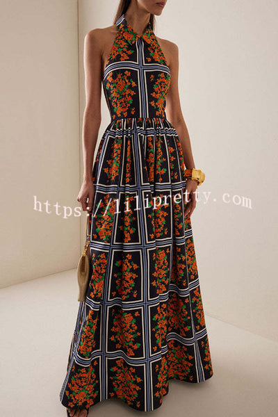 Floral Print Sexy Halter Neck Backless Elegant Maxi Dress
