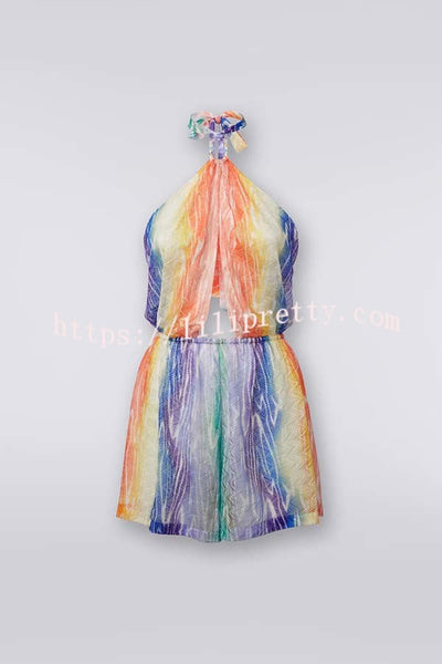 Imogen Sheer Colorful Zigzag Pattern Halter Neck Cutout Backless Loose Romper