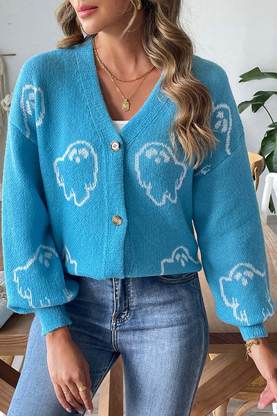 Halloween Ghost Pattern Casual Button-Down Knit Sweater