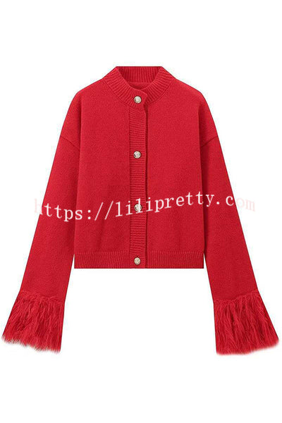 Solid Color Elegant Feather Long Sleeve Casual Knitted Cardigan