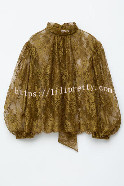 Reigna Semi-sheer Floral Lace Bow Neck Balloon Sleeve Loose Blouse