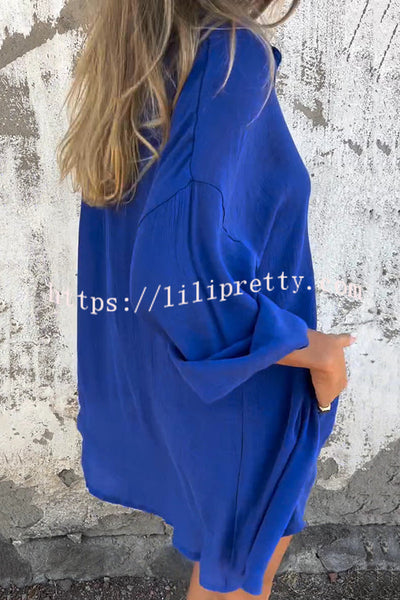 Solid Color Casual Lapel Long Shirt and Elastic Waist Loose Pocket Shorts Set