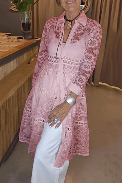 Solid Color Hollow Lace Lapel Button Long Shirt