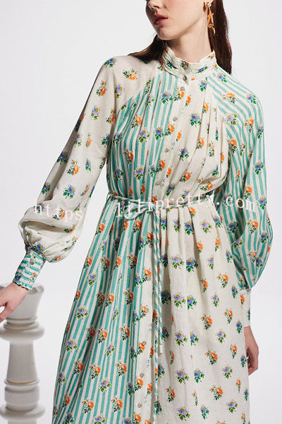 Floral Stripe Print Long Sleeve Tie Waist Relaxed Pocket Midi Dress