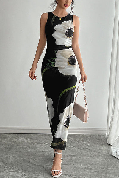 Floral Print Round Neck Sleeveless Mesh Fitted Maxi Dress